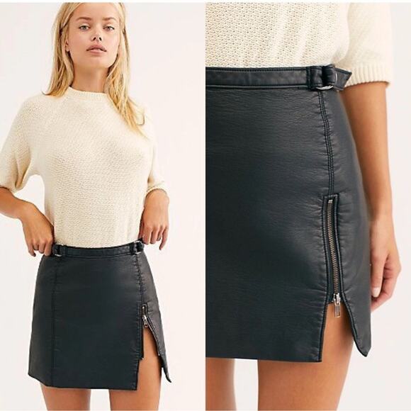 Free People Vegan Leather Midnight Magic Mini Skirt - 2 - Black Moto Grunge Glam - Picture 2 of 16